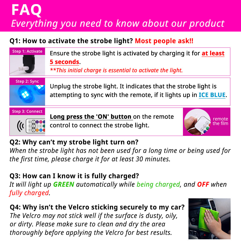 Wireless RGB strobe light FAQ covers first-use activation, charging, pairing, long-press control, and Velcro security.