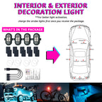 Wireless RGB strobe light package layout with remote, USB charging cable, Velcro pads, rubber bands, and placement ideas.