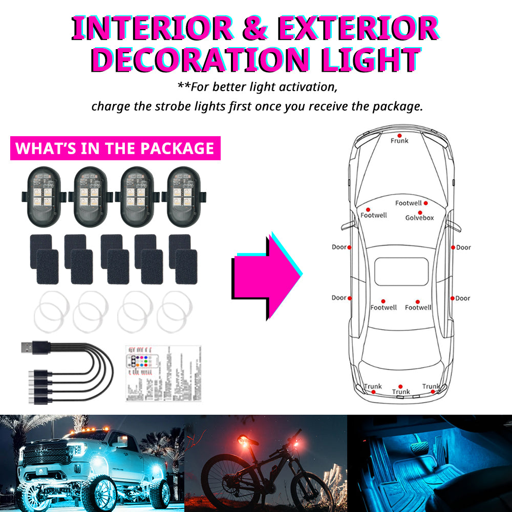 Wireless RGB strobe light package layout with remote, USB charging cable, Velcro pads, rubber bands, and placement ideas.