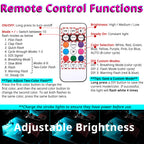 Remote control functions adjust color, mode, brightness, timer, and flashing effects for wireless RGB strobe lights.