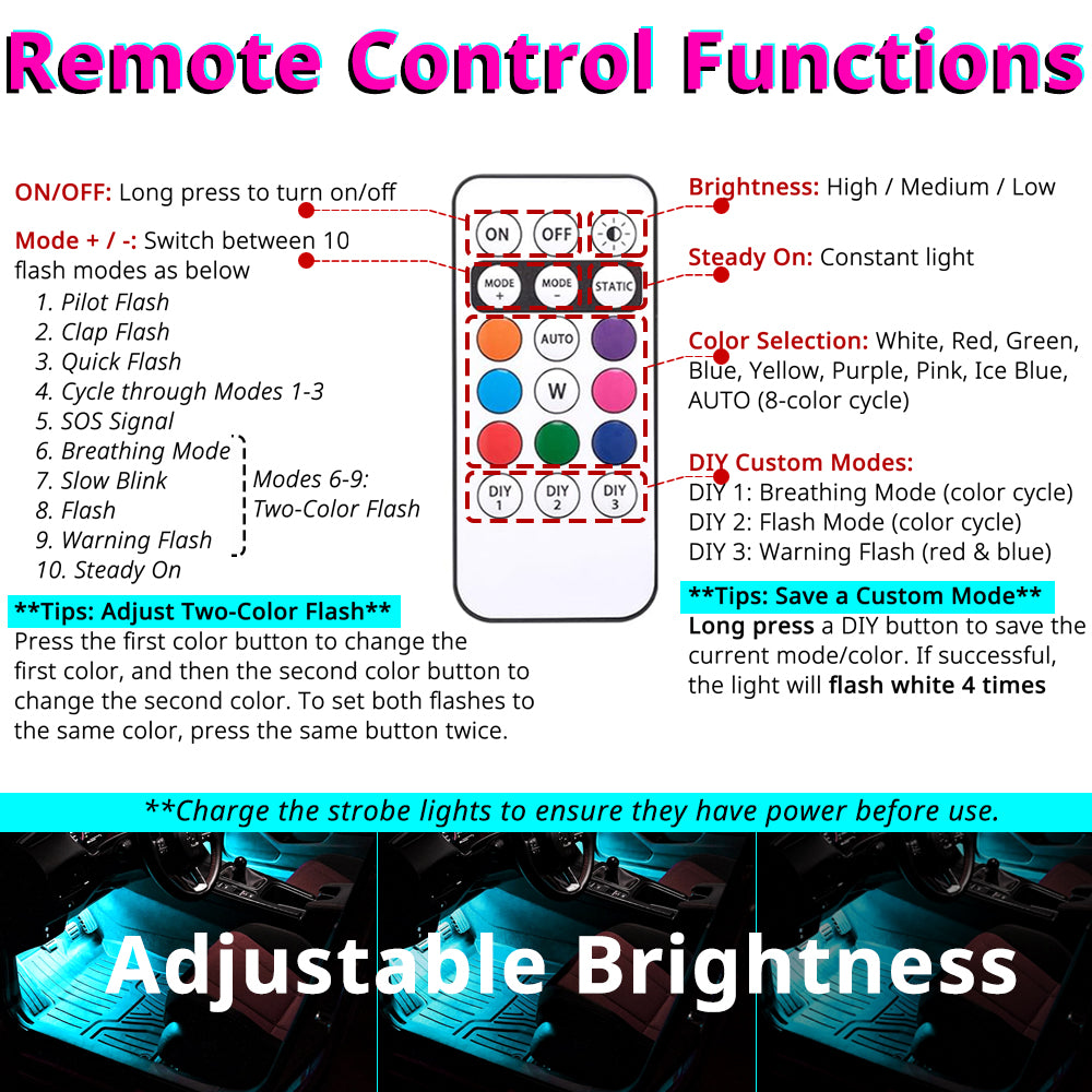 Remote control functions adjust color, mode, brightness, timer, and flashing effects for wireless RGB strobe lights.
