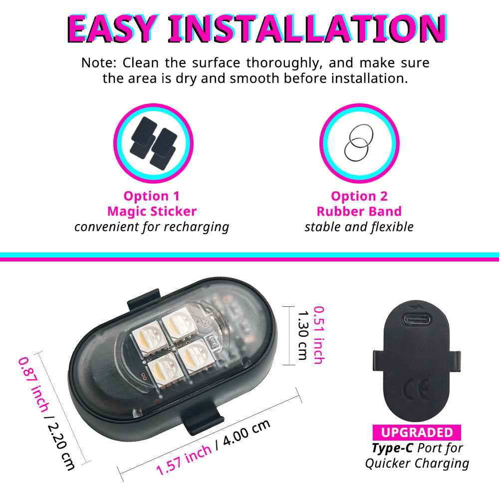 Wireless RGB strobe light size and mounting options with magic sticker and rubber band placement choices.