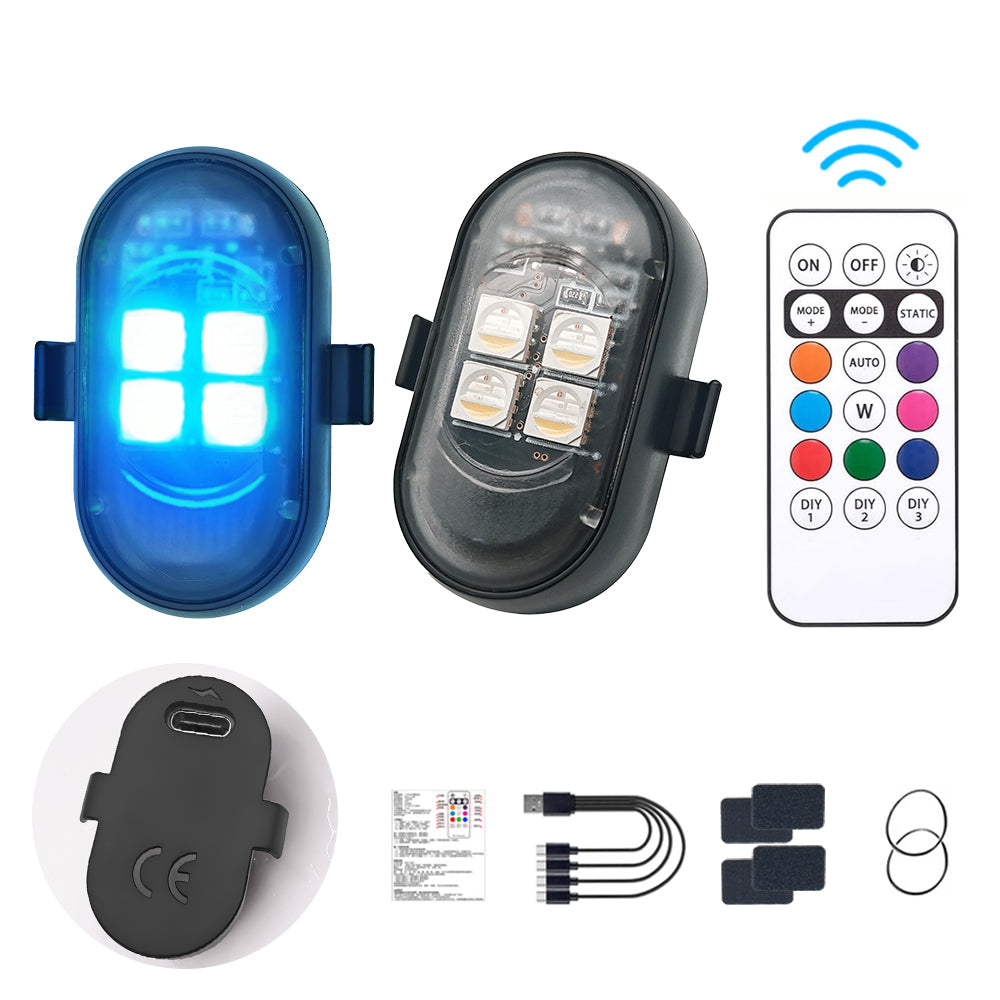 Wireless RGB strobe lights with remote control for flexible car, bike, scooter, and small accent lighting setups.