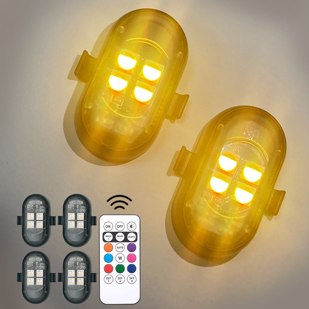 Wireless RGB strobe lights in yellow mode create a warm accent glow for interior or small-space decoration.
