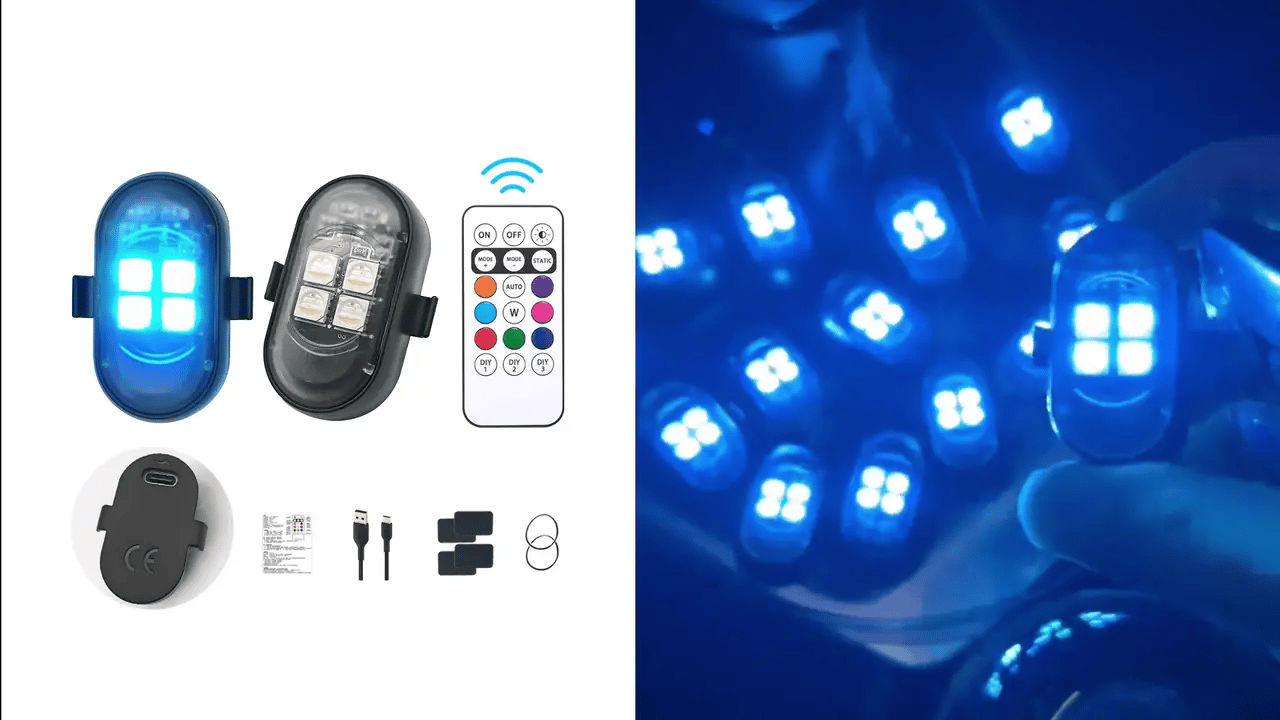 Wireless RGB strobe light kit with remote control and blue accent lighting